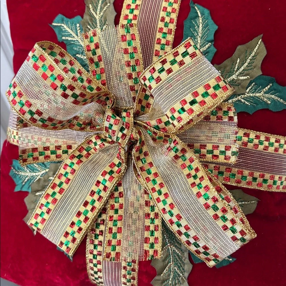 Home Collection Red Velvet Holiday Pillow with Gold Bow and Green Leaves 11”x12”